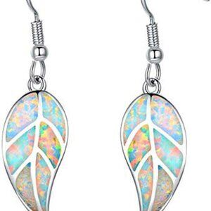 18K White Gold Plated Leaf Opal Dangle Drop Earrings for Women Teen Girls Hypoal